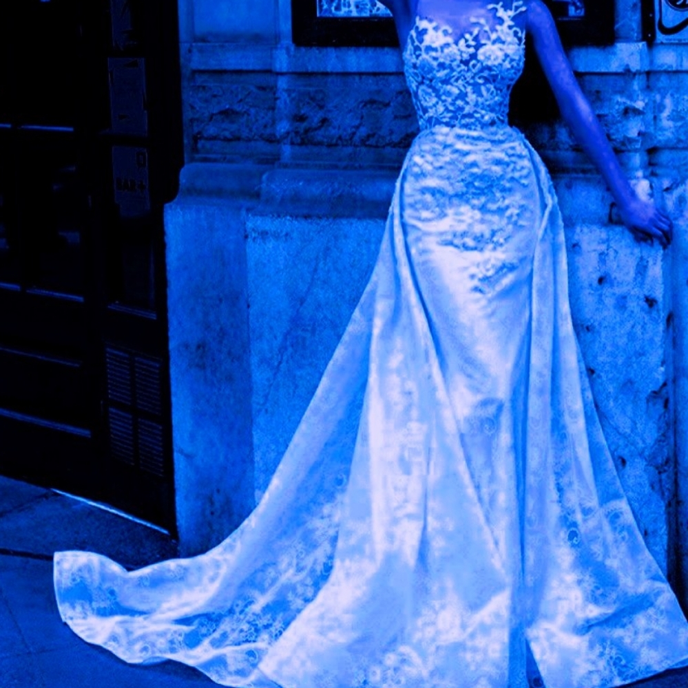 Tarik Ediz blue beaded lace overskirt dress gown 6 38